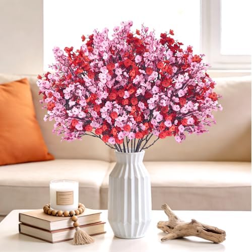 Uieke 30 Pcs Valentine’s Day Artificial Baby’s Breath Flowers, Red Pink Faux Gypsophila Bouquets Real Touch Silk Fake Flowers for Romantic Wedding, Anniversary, Party, Home Table Centerpiece Décor