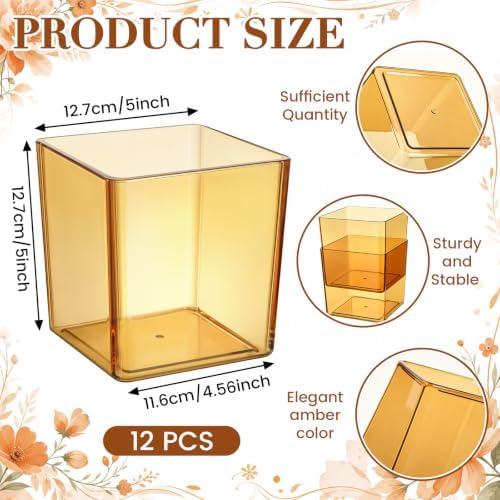 Tioncy 12 Pcs Amber Square Vase 5'' x 5'' Acrylic Flower Plastic Vases for Centerpieces Acrylic Cube Plastic Container Bulk Succulent Pots Planters for Plant Wedding Home Office Floral Decor