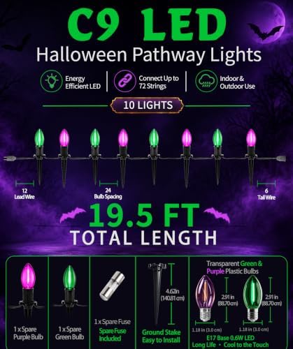 Halloween Pathway Lights with 10 Green and Purple C9 LED Stakes