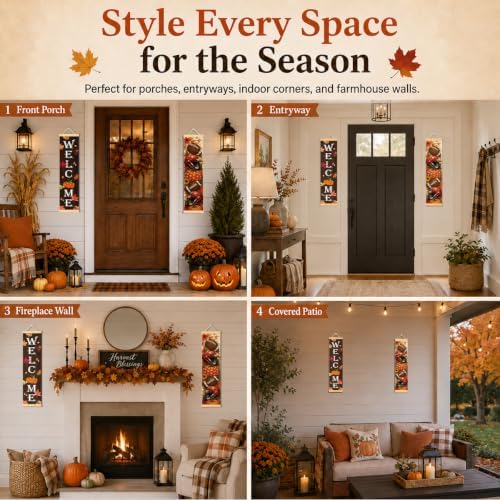 Welcome Fall Door Banner Set of 2, Pumpkin Porch Decor with Football Accent