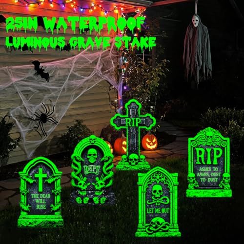 25.2in Glow in The Dark Halloween Tombstones Outdoor Decor - 5PCS Large DIY Graveyard Tombstones for Graves, Halloween Yard Signs with Stakes for Haunted House, Lawn & Party