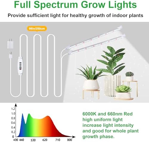 2 Head 13" Growing Lamp for Indoor Plants, Red & White Full Spectrum LED Grow Light Strips with Auto ON/Off, 3/9/12H Timer,10 Dimmable Levels for Green House Seedlings