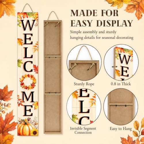 Fall Leaves Welcome Sign for Front Door, 47'' Autumn Porch Sign Farmhouse Warm Greeting Wooden Door Sign Rustic Vertical Porch Sign Pumpkin Standing Welcome Yard Signs for Patio Outdoor Indoor
