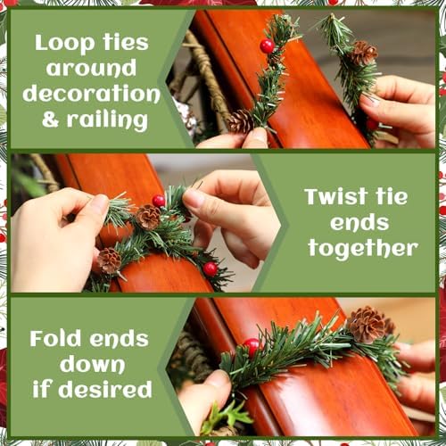 Jutom 24 Pcs Christmas Garland Ties 13.7" Christmas Garland Twist Ties with Red Berries and Pine Cones Xmas Artificial Pine Garland for Christmas Decoration Craft Gift Wrapping Holiday Banister Decor