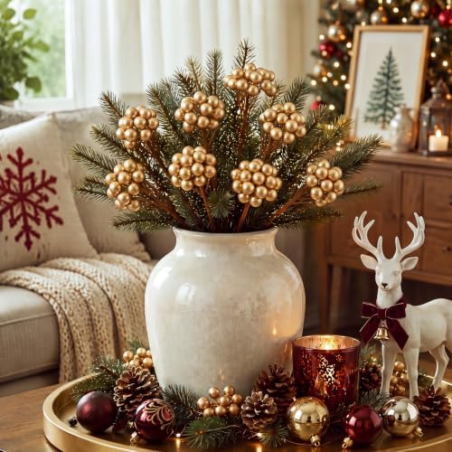 Thiccywoov 12 Pack Artificial Gold Berry Cluster Picks for Christmas Tree