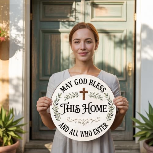 May God Bless This Home Wooden Hanging Sign for House Front Door, Christian Religion Welcome Sign for Porch Garden Patio