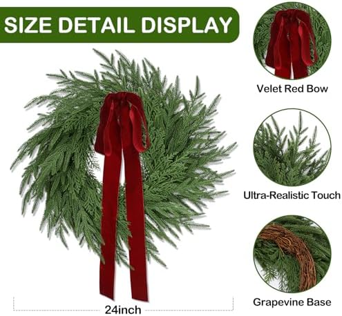 ENVEN Artificial Norfolk Pine & Cedar Christmas Wreath with Velvet Bow – Real Touch Faux Greenery Holiday Front Door Decoration for Indoor Outdoor Use