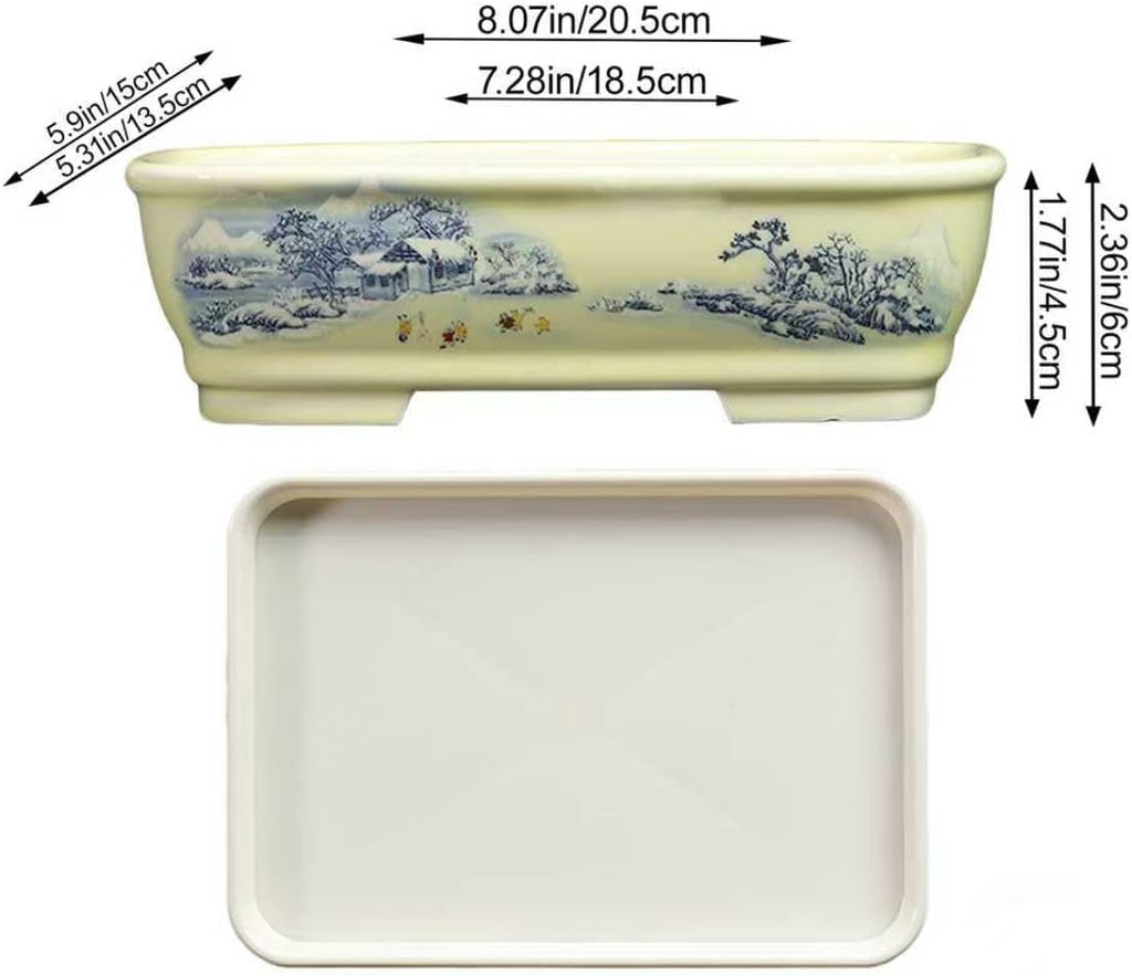 8" Bonsai Pots with Tray, Rectangular Planter in Blue & White | 8" glazed ceramic bonsai pots with tray, large shallow