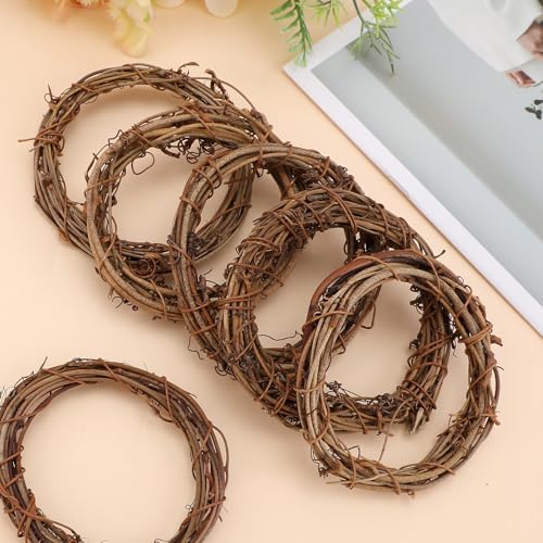 6 Pcs 4 Inch Natural Grapevine Wreaths, Hand-Woven Vine Branch Wreath, Rattan Wreath for DIY Crafts, Christmas Decorations, Home & Event Styling Party Wedding Decor