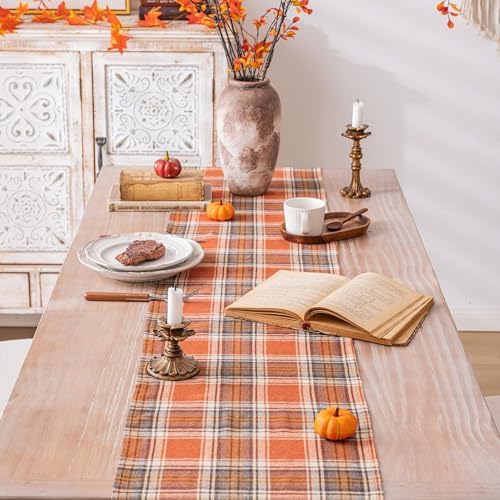 AQOTHES Plaid Fall Thanksgiving Rust Orange Table Runners 72 inches Long