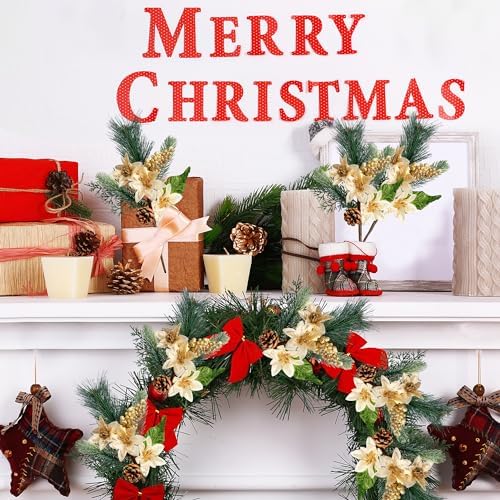 Sggvecsy 6 Pack Artificial Christmas Poinsettia Picks With Faux Berries, Pine Stems, Branches and Cones for Xmas Tree Wreath DIY Craft Floral Arrangement Holiday Decor (Gold)