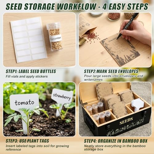 Large Seed Storage Organizer Box with Handle, Bamboo Seed Packet Storage