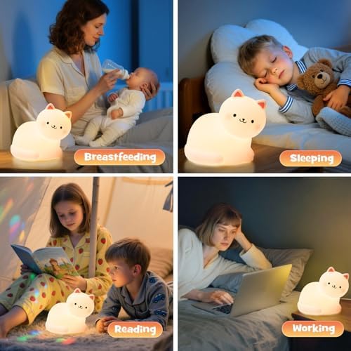 Cute Smile Cat Night Light RGB Rechargeable Soft for Nursery Bedroom
