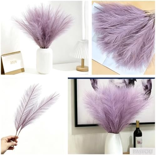 Fake Pampas Grass Set of 30 Stems 17” Artificial Reeds Plants, Faux Florals Bulrush Short Fluffy Beige Branches for Home Wedding Party Decoration Vase Fillers Christmas DIY Feathers Decor Light Purple