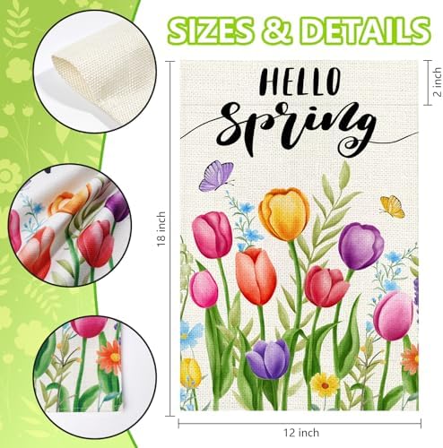 Hello Spring Garden Flag 12x18in, Double Sided Colorful Tulips Flag