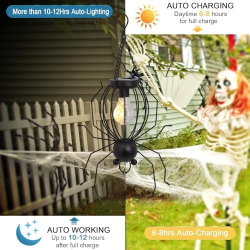 20 Inch Halloween Spider Solar Outdoor Lanterns, Metal Waterproof Hanging LED Lights for Outside Yard Garden Patio Pathway Tree.