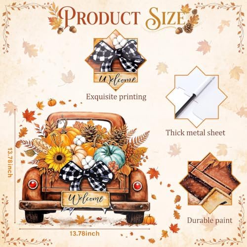 Weysat Fall Decor Outdoor Metal Pumpkin Truck Welcome Yard Sign with Bow