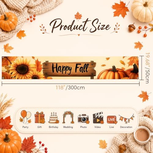 BlissYard Happy Fall Banner 118 x 20 inchs Autumn Thanksgiving Outdoor Decorations Backdrop Happy Fall Yard Signs Party Supplies Autumn Sunflower Pumpkin Front Porch Hanging Banner