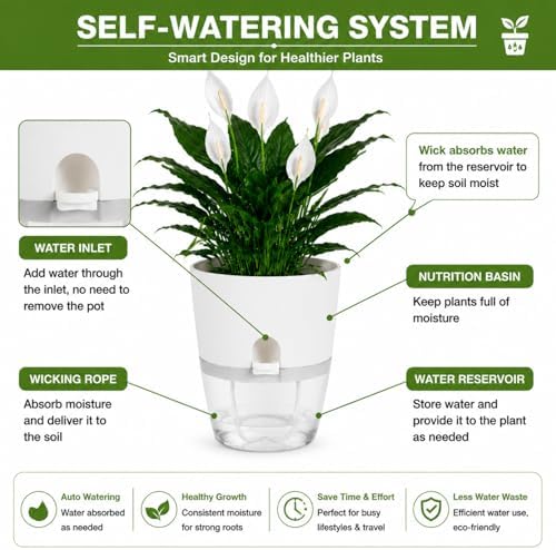 6 Inch Self Watering Planters 4 Pack Plastic Wicking Pots White