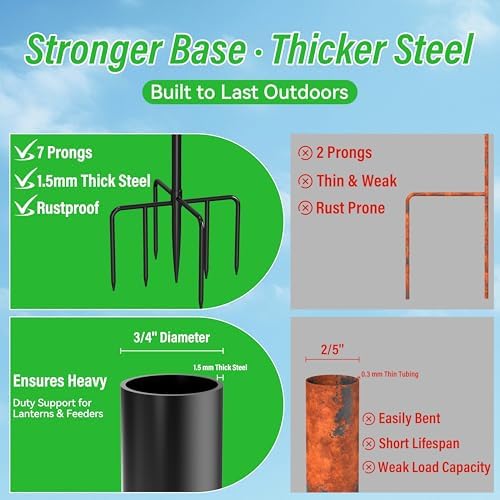 60″ Adjustable Shepherd Hook for Outdoor, Heavy Duty Bird Feeder Pole with 7-Prong Base, Metal Garden Hook for Hanging Lanterns Solar Lights String Lights Plants Wind Chimes Hummingbird Feeder（1‑Pack）