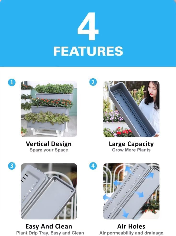 3-Tier Stackable Planter Box, Indoor Outdoor Vertical Garden System, 29 x 28 x 22 inches, White