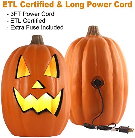 16" Halloween Lighted Pumpkins with ETL Certified Cord and 2 Safety Fuse - Indoor Outdoor JackoLantern Decoration for Halloween Party Home Décor - Round Lightened Pumpkin 16 Inch