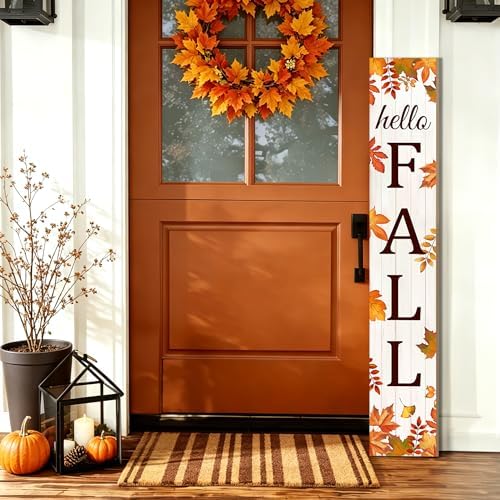 HELLO FALL Porch Sign, 47.2 Inch Wooden Vertical Sign, Maple Leaf Decor