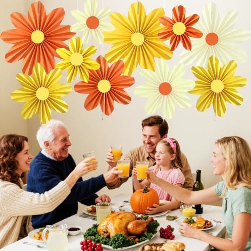 Orange Yellow Paper Flower Decorations Hanging Paper Fans 10Pcs
