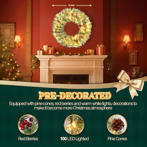 VINGLI 24" Small Christmas Wreath 2 Pack with 100 LED Battery Lights