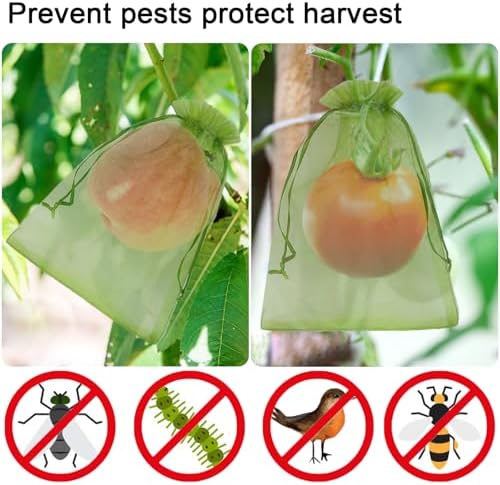 100 Pcs Fruit Protection Bags, 8 x 12 Inch Green Netting Cover Bags with Drawstring, Pest Barrier for Trees, Garden Cover Mesh Bags for Plant Fruit, Flower and Vegetables