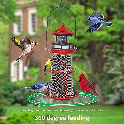 Solar Lighthouse Bird Feeder with Rotating Beacon - 14" Hanging Best Birdfeeder Gifts for Bird Lovers(Apple Red).