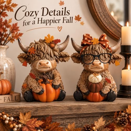Karenhi 2 Pcs Fall Highland Cow Figurines Resin, Autumn Tabletop Decor