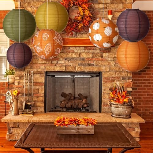 Bencailor 16 Pcs Fall Paper Lanterns Fall Party Paper Lanterns Thanksgiving Dark Orange Pumpkin Round Thankful Maple Leaves Hanging Party Decorations for Autumn Harvest Outdoor Decor