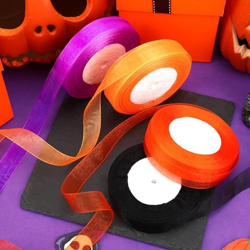 DECYOOL 4 Rolls 200 Yards Halloween Ribbon, Black and Orange Organza Set