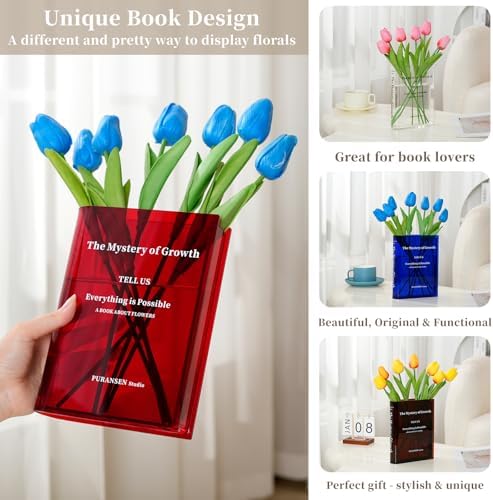 Puransen Clear Book-Shaped Vase for Centerpiece Home Indoor Desk Decor，Red