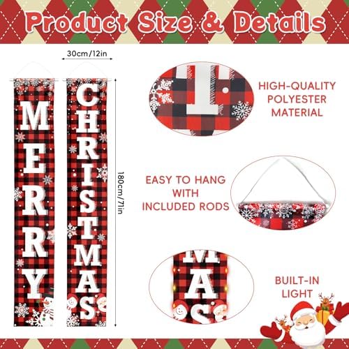 71 x 12 Inches Merry Christmas Door Banner for Doorway, Large Red and Black Plaid Christmas Hanging Sign with Santa, Snowman, and Snowflake Design for Holiday, Front Door, and Xmas Decorations