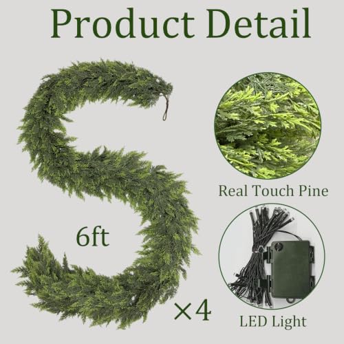 Thewe 4Pcs 6Ft Christmas Cedar Garland with Lights
