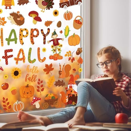 Whaline 9 Sheets Happy Fall Thanksgiving Window Clings Autumn Cute Cartoon Window Stickers Static Reusable Glass Decals for Harvest Party Home Classroom Office Decor Supplies
