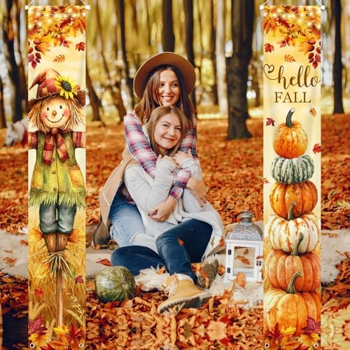 Hello Fall Porch Banner Autumn Scarecrow Pumpkin Fall Banner Harvest Decor