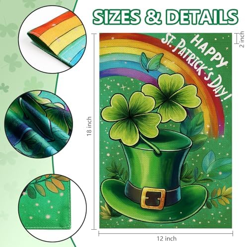 St Patricks Day Garden Flag 12x18In with Green Hat Four-leaf Clover