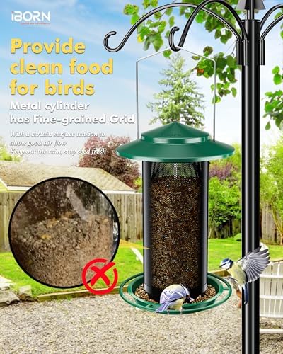 iBorn Bird Feeders for Outdoors, All Metal Mesh Tube, Holding Bird Seed for Outside Feeders,17.7cm Large Roof, Green, 2.8lb(Seed is not Included)