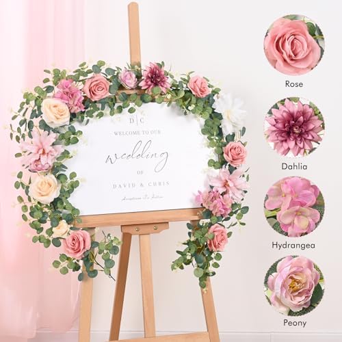 Waipfaru 8.85Ft Flower Garland, Eucalyptus Greenery Garland with Flowers, Pink Rose Floral Vines for Wedding Reception Table Mantle Room Spring Summer Decor (Pink) (Pack of 3)