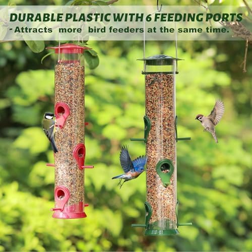 2 Packs Bird Feeder Tube Hanging Feeders, 6 Port Wild Bird Feeders Premium Hard Plastic with Steel Hanger Weatherproof and Water Resistant Great for Attracting Birds 18.2 Inches Large (Red + Green)