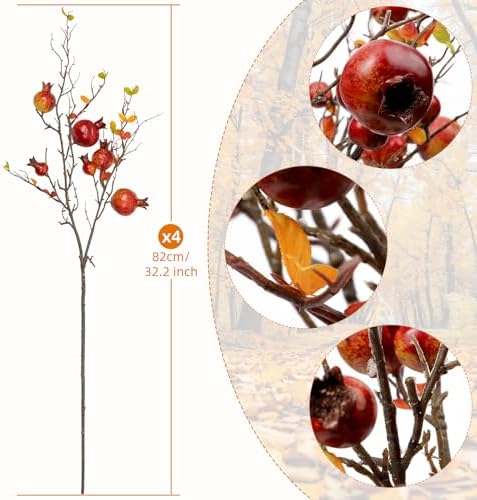 4pcs Red Berry Stems Pomegranate Faux Flowers with Fake Fall Leaves Artificial Fruits Decor Tall Branches for Vase Room Christmas Home Wedding Thanksgiving Centerpieces Arrangements Party Decoration