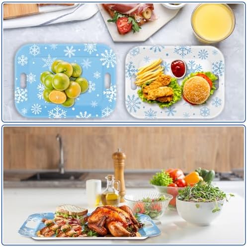 2Pcs Winter Serving Trays 16×11 inch Large Melamine Snowflake Trays Platters with Handles Rectangular Snowflake Tray Set Blue White Rectangular Serving Dishes for Winter Birthday Party Decorations