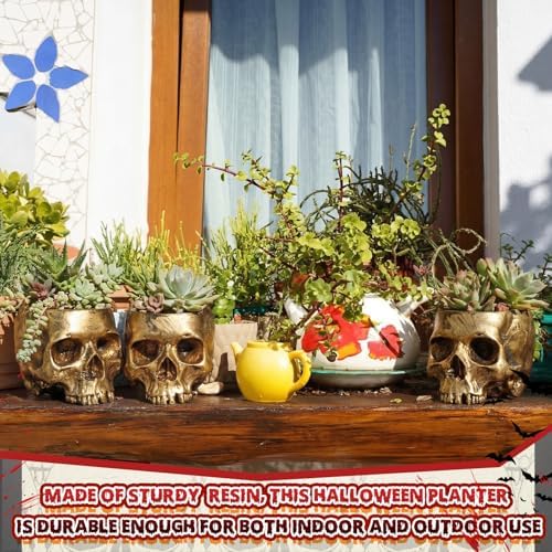 2 Pack Halloween Skull Planter, Gold, Retro