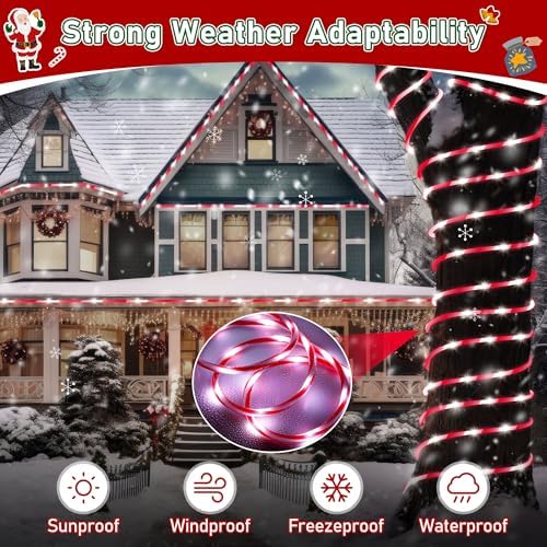 Hiboom 98.4 ft Christmas Candy Cane Rope Lights, 8 Lighting Modes Outdoor Waterproof Christmas Rope Lights with Timer for Terrace Tree Fence Patio Garden Yard Decor(1 Pack)