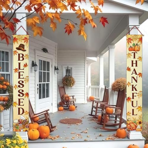 Thanksgiving Blessed Thankful Porch Banner Sign, Fall Harvest