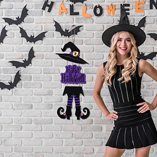 Yerliker Happy Halloween Sign Decoration Purple Wooden Witch Hanging
