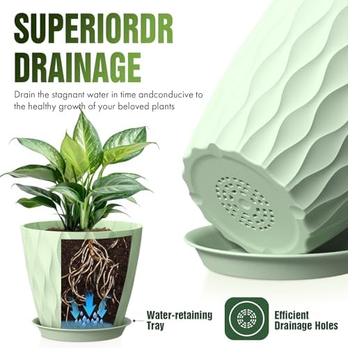 8 Inch Plant Pots 2 Pack, Plastic Pots Drainage Holes & Saucers